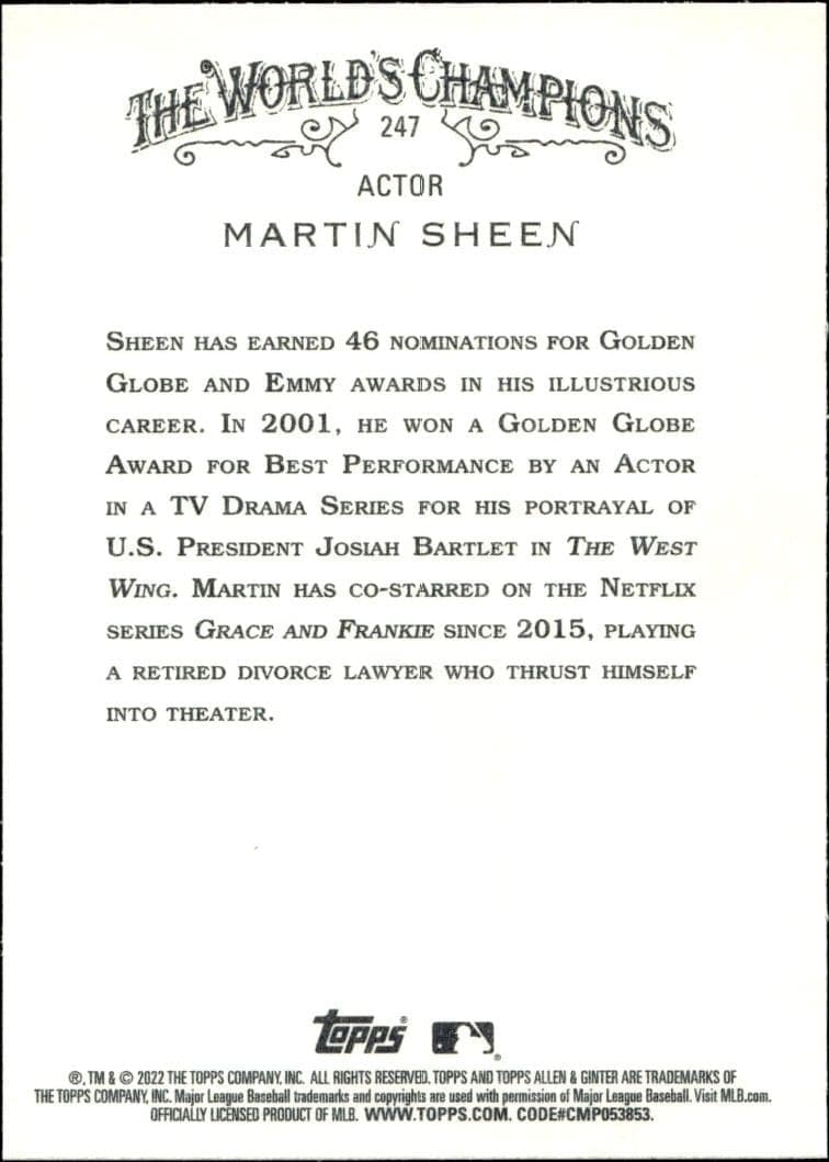 2022 Topps Allen & Ginter Martin Sheen #247 baseball trading card back