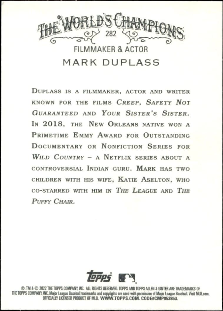 2022 Topps Allen & Ginter Mark Duplass #282 baseball trading card back