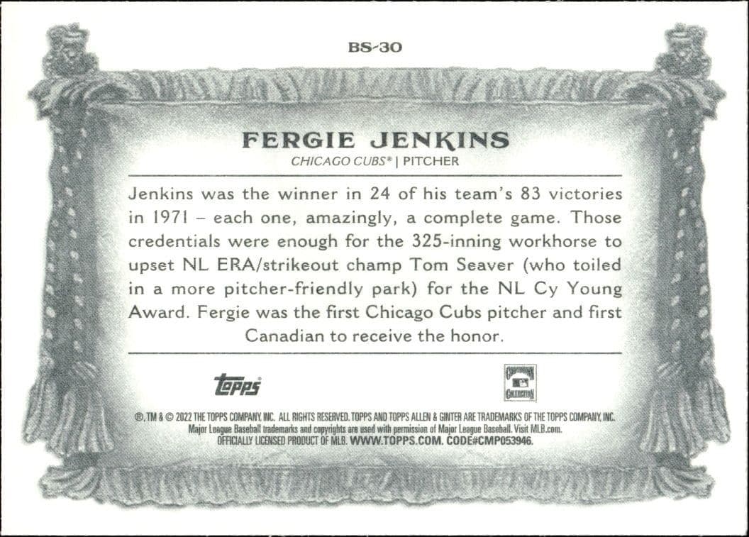 2022 Topps Allen & Ginter Fergie Jenkins #BS-30 baseball trading card back
