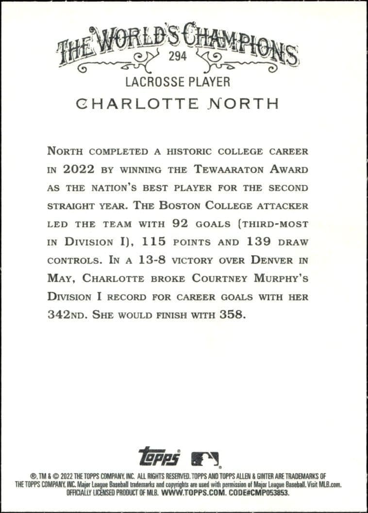 2022 Topps Allen & Ginter Charlotte North #294 baseball trading card back