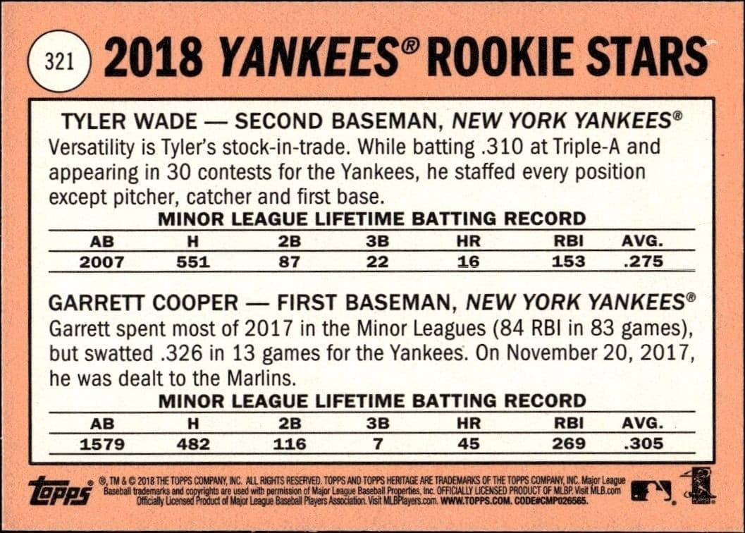 2018 Topps Heritage Garrett Cooper / Tyler Wade #321 baseball trading card back