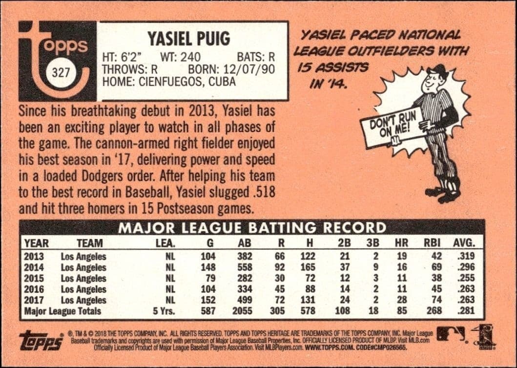 2018 Topps Heritage Yasiel Puig #327 baseball trading card back