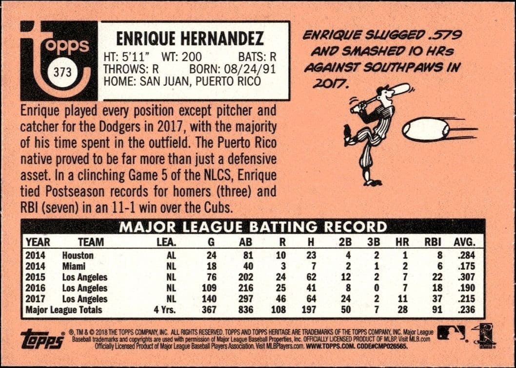 2018 Topps Heritage Enrique Hernandez #373 baseball trading card back