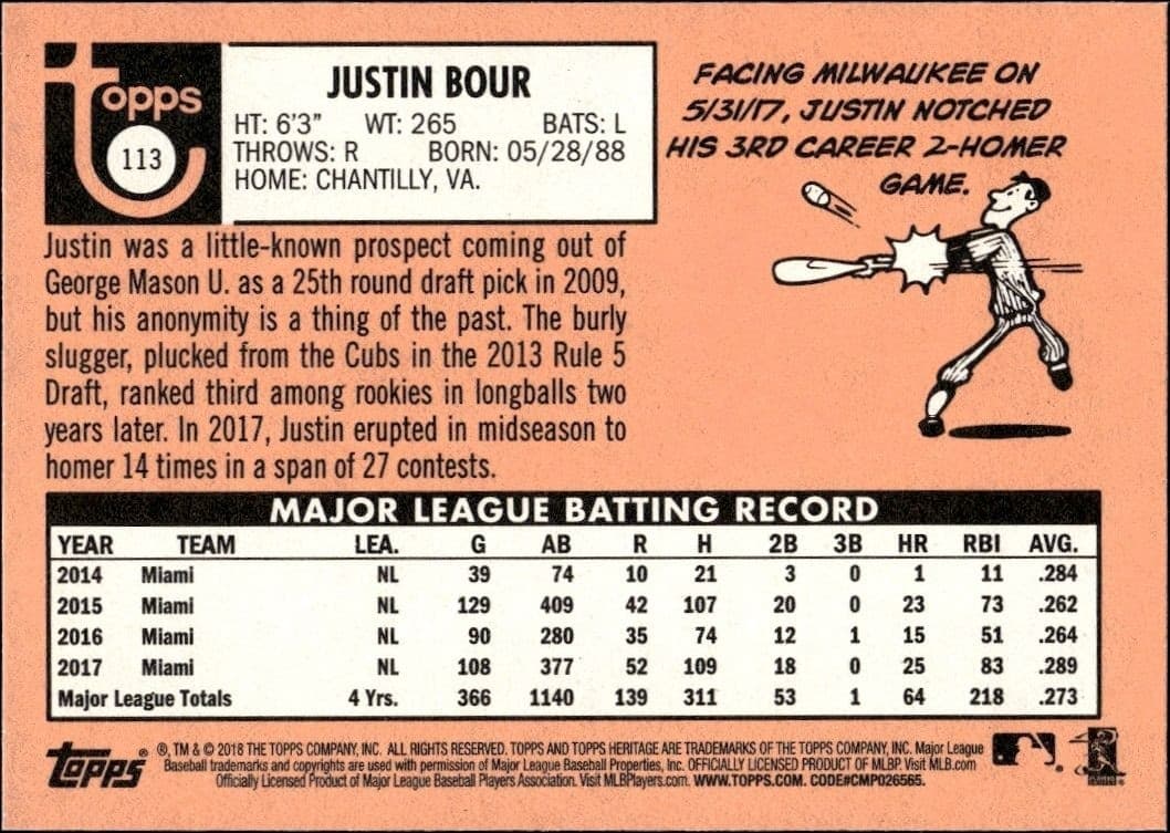2018 Topps Heritage Justin Bour #113 baseball trading card back