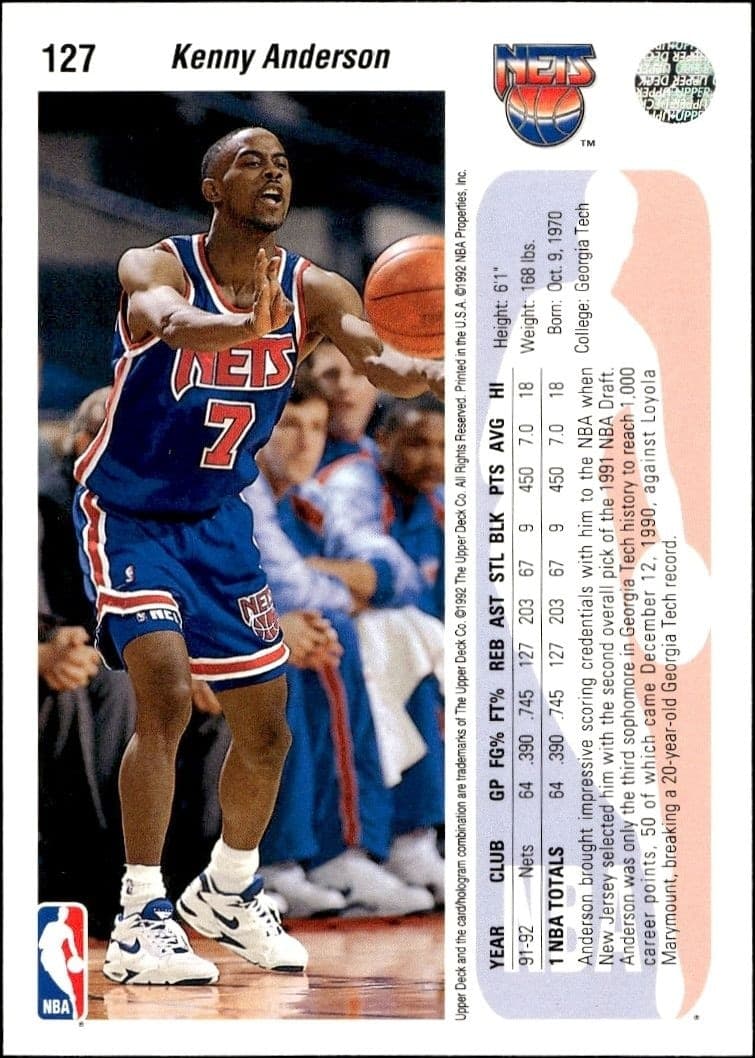 1992-93 Upper Deck Kenny Anderson #127 basketball trading card back