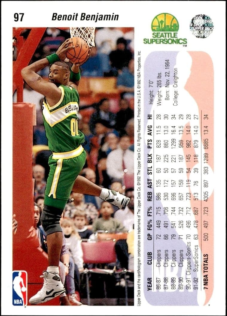 1992-93 Upper Deck Benoit Benjamin #97 basketball trading card back
