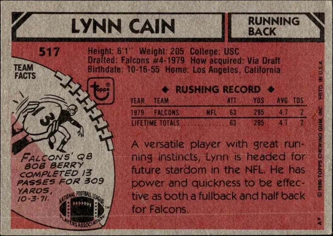 1980 Topps Lynn Cain #517 football trading card back