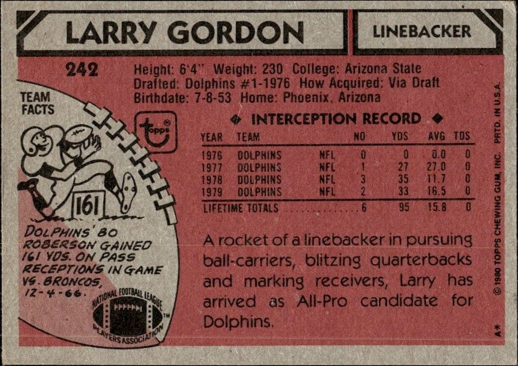 1980 Topps Larry Gordon #242 football trading card back