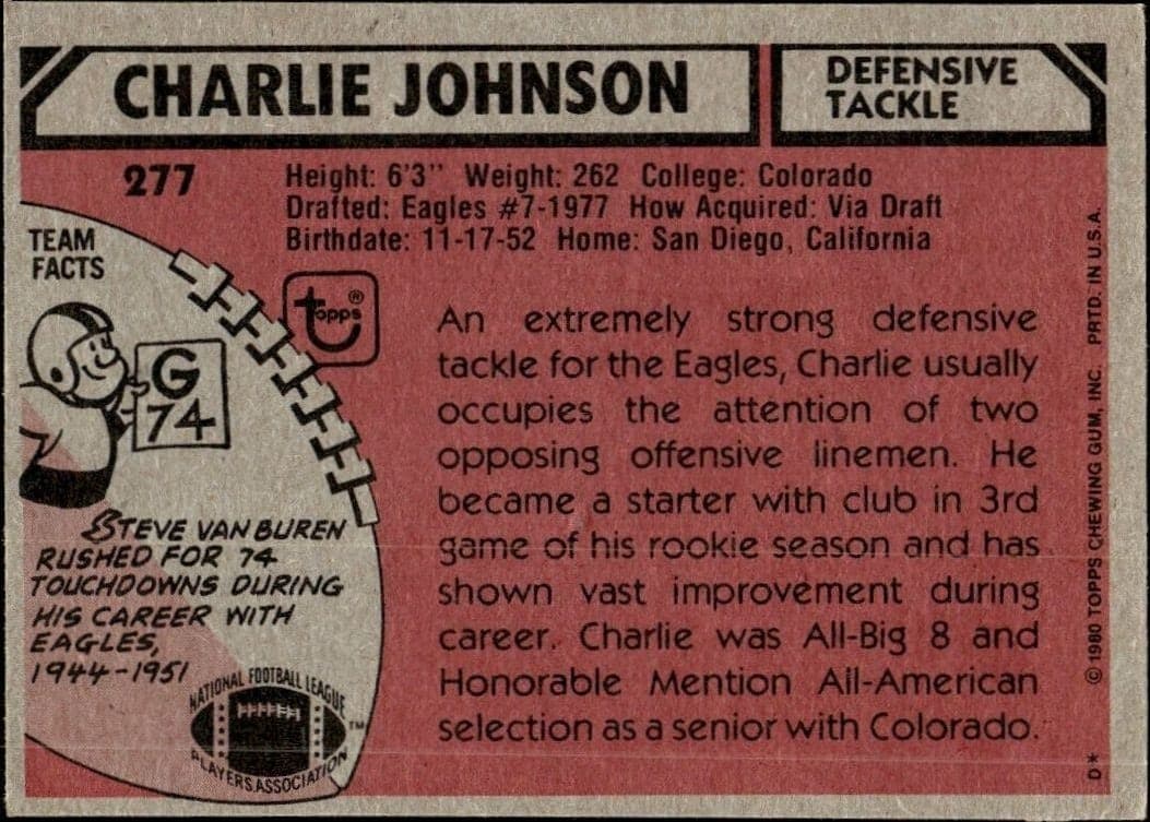 1980 Topps Charlie Johnson #277 football trading card back
