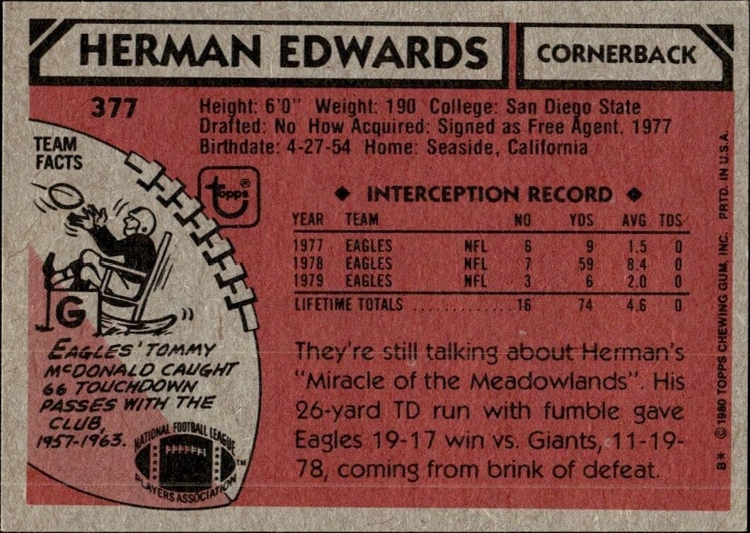 1980 Topps Herman Edwards #377 football trading card back