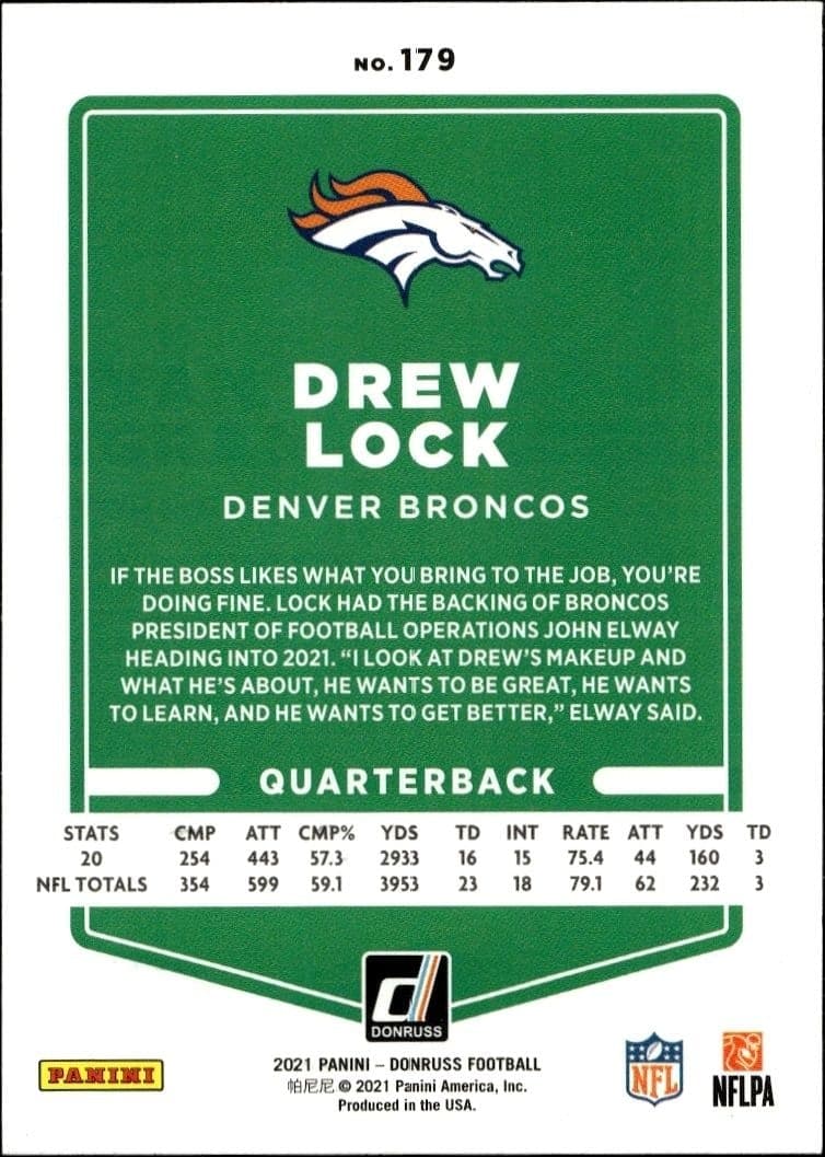 2021 Donruss Blue Drew Lock #179 football trading card back