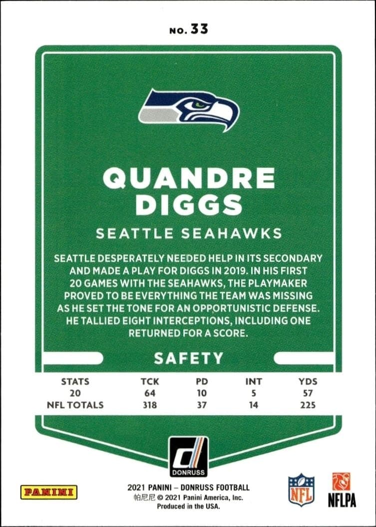 2021 Donruss Blue Quandre Diggs #33 football trading card back
