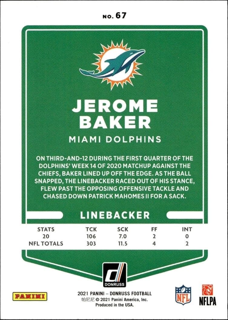 2021 Donruss Blue Jerome Baker #67 football trading card back