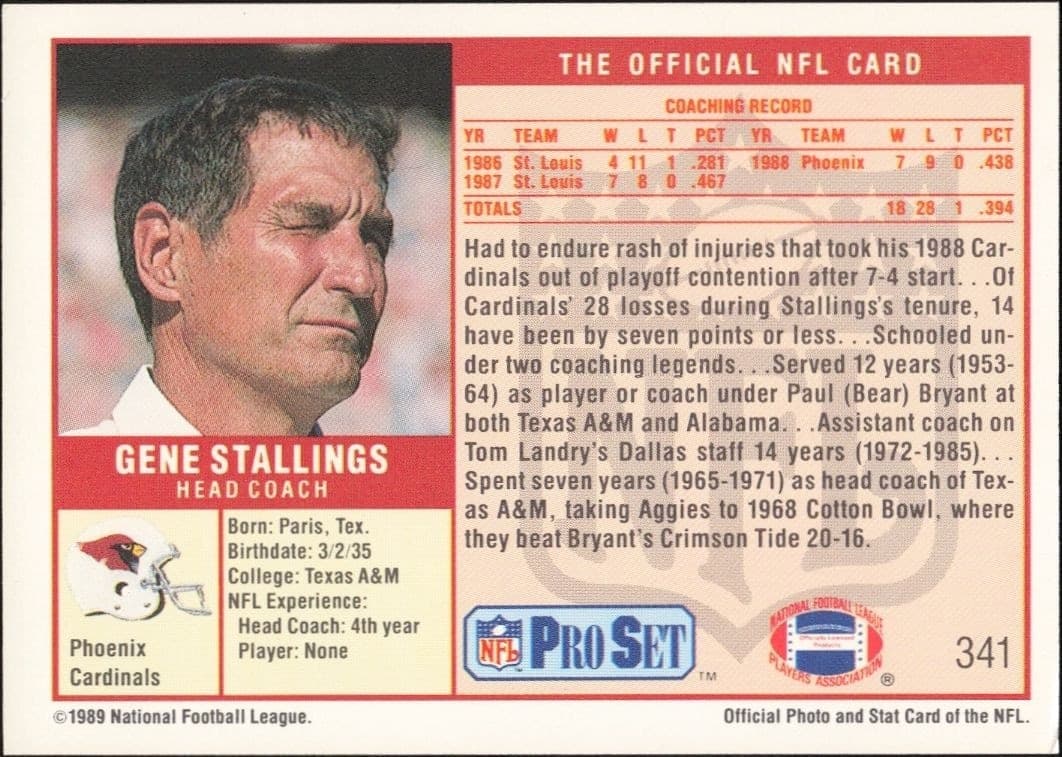 1989 Pro Set Gene Stallings #341 football trading card back