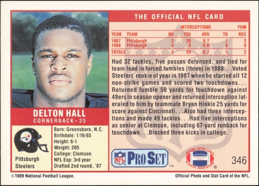 1989 Pro Set Delton Hall #346 football trading card back