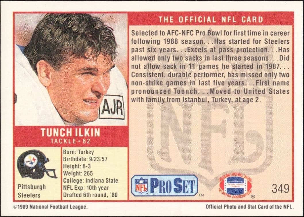 1989 Pro Set Tunch Ilkin #349 football trading card back