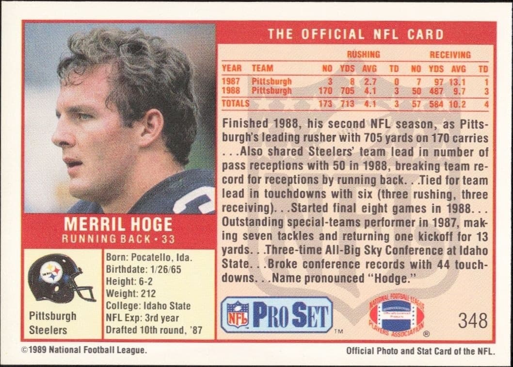 1989 Pro Set Merril Hoge #348 football trading card back