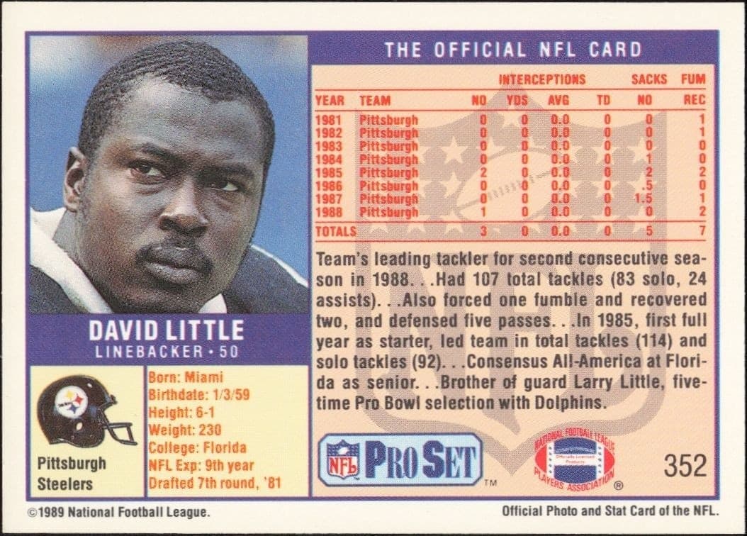 1989 Pro Set David Little #352 football trading card back