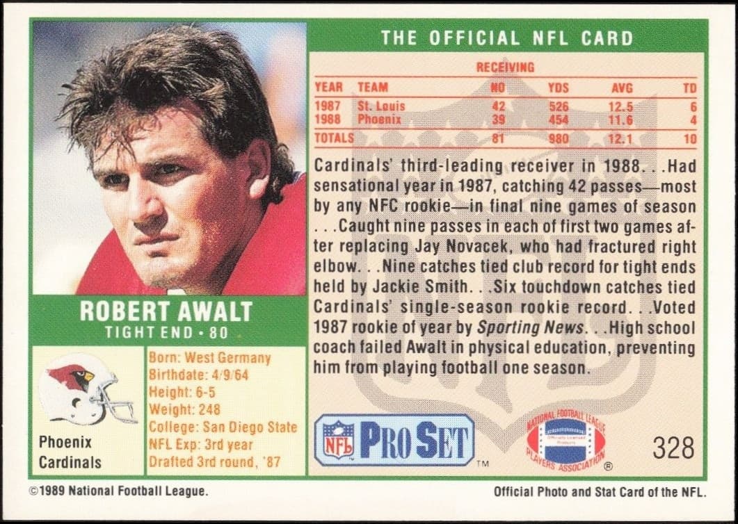 1989 Pro Set Robert Awalt #328 football trading card back