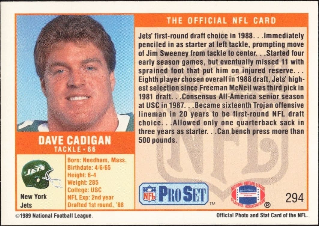 1989 Pro Set Dave Cadigan #294 football trading card back