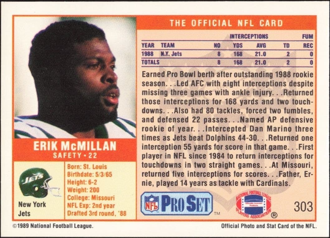 1989 Pro Set Erik McMillan #303 football trading card back