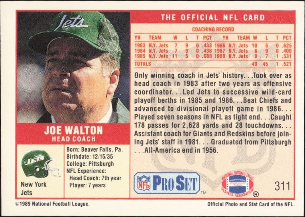 1989 Pro Set Joe Walton #311 football trading card back
