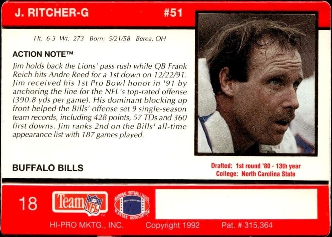 1992 Action Packed Jim Ritcher #18 football trading card back