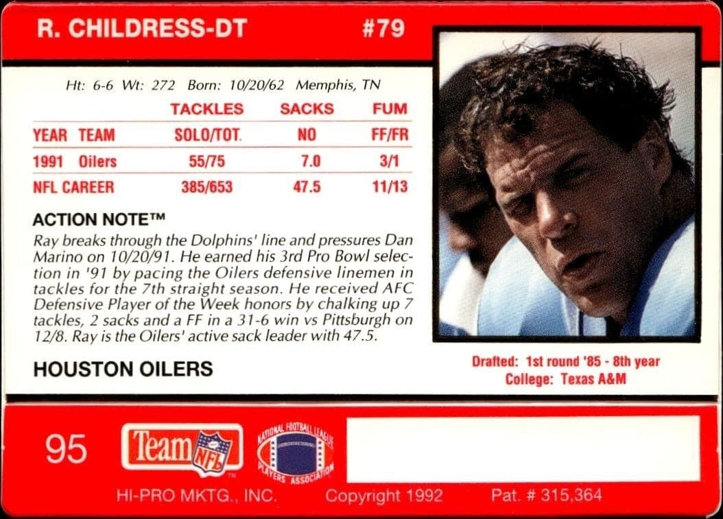1992 Action Packed Ray Childress #95 football trading card back