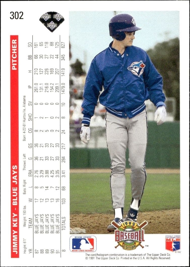 1992 Upper Deck Jimmy Key #302 baseball trading card back