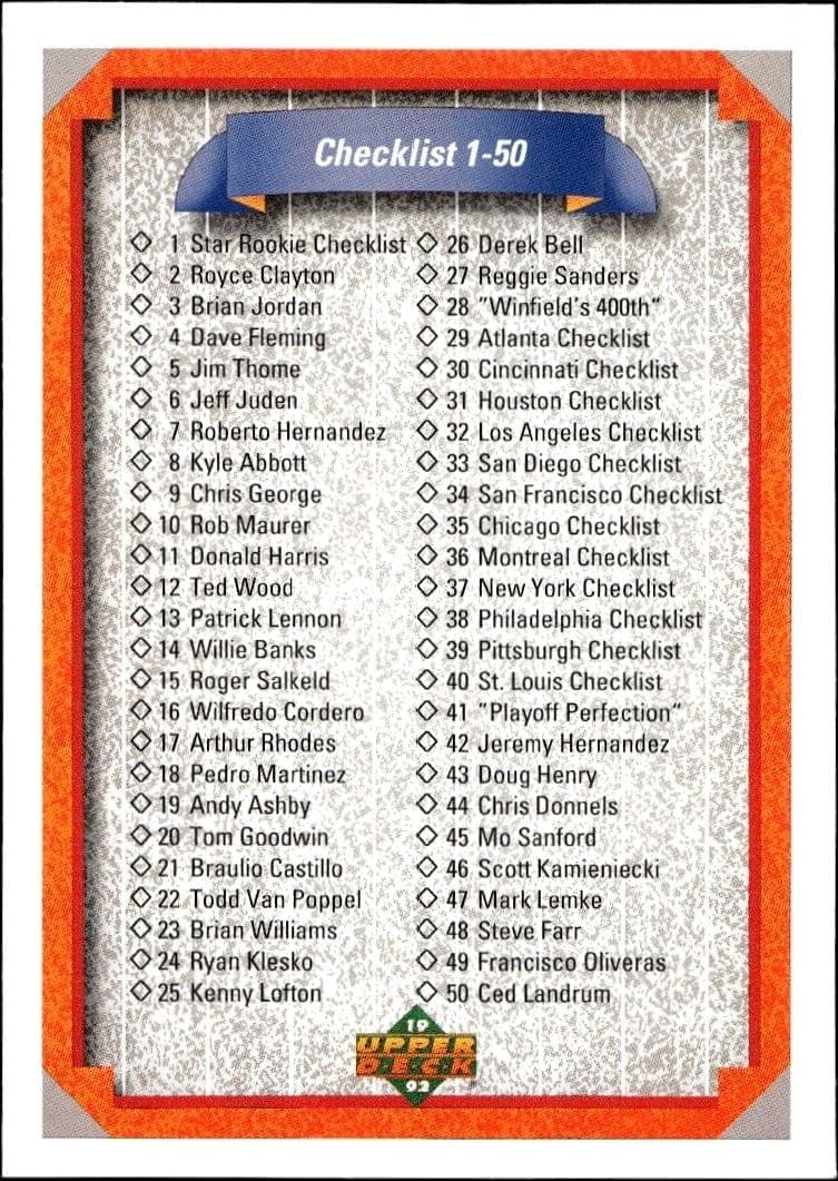 1992 Upper Deck Checklist #100 baseball trading card front