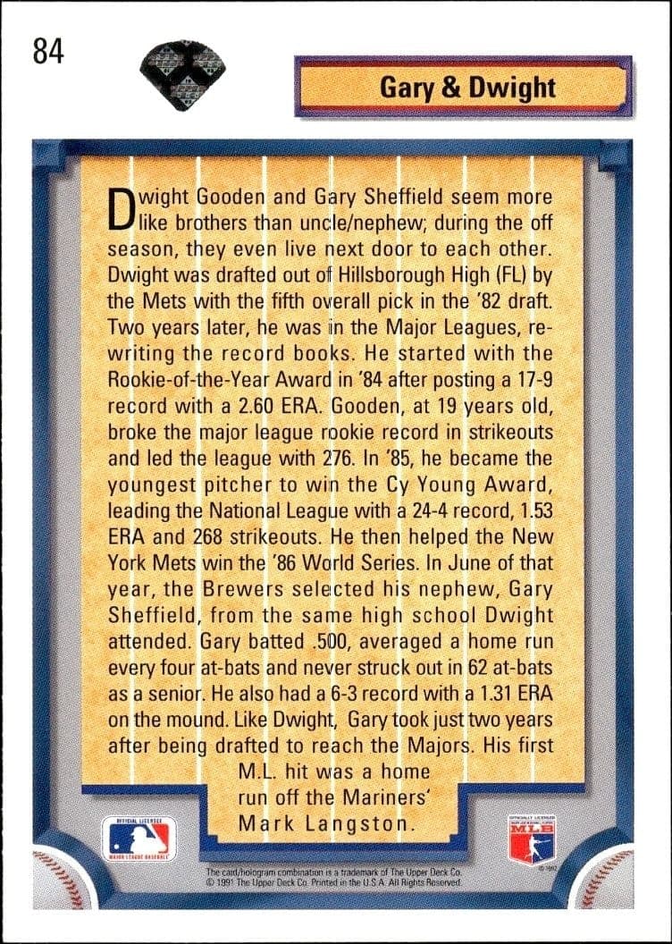 1992 Upper Deck Dwight Gooden #84 baseball trading card back