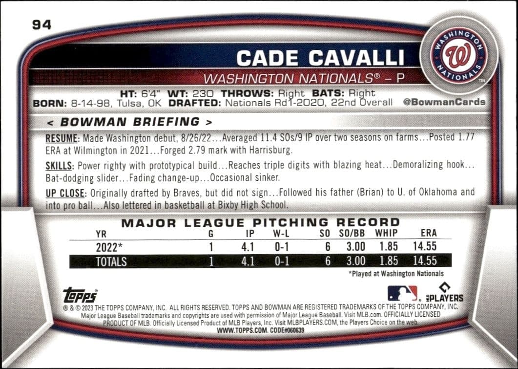 2023 Bowman Cade Cavalli #94 baseball trading card back