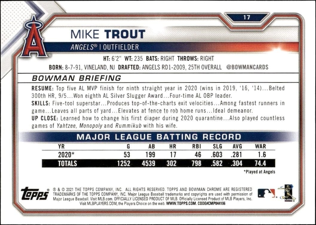 2021 Bowman Mike Trout #17 baseball trading card back