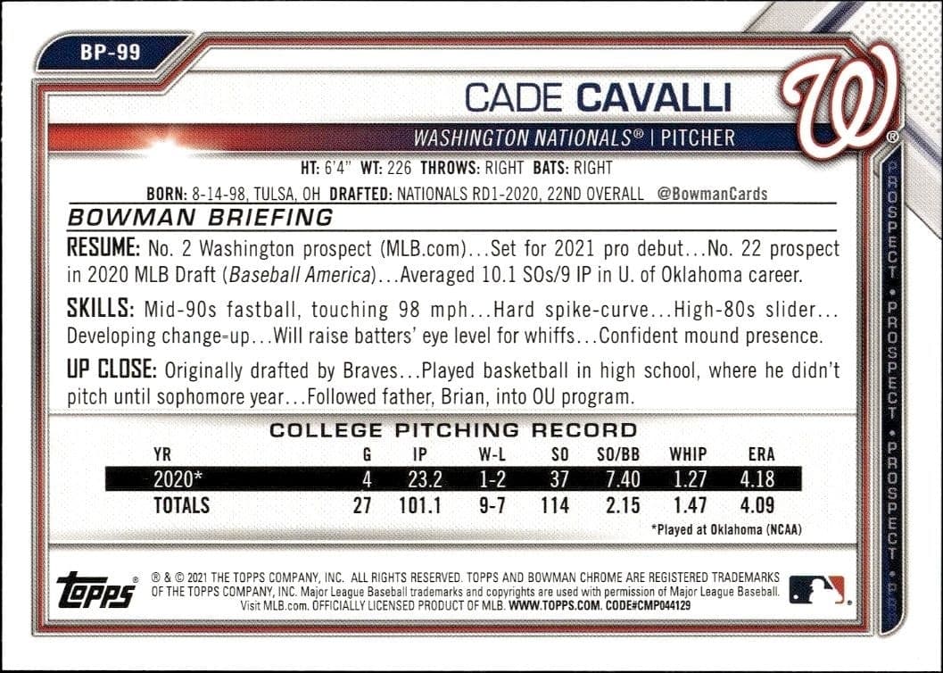 2021 Bowman Cade Cavalli #BP-99 baseball trading card back
