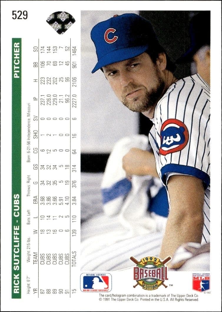 1992 Upper Deck Rick Sutcliffe #529 baseball trading card back