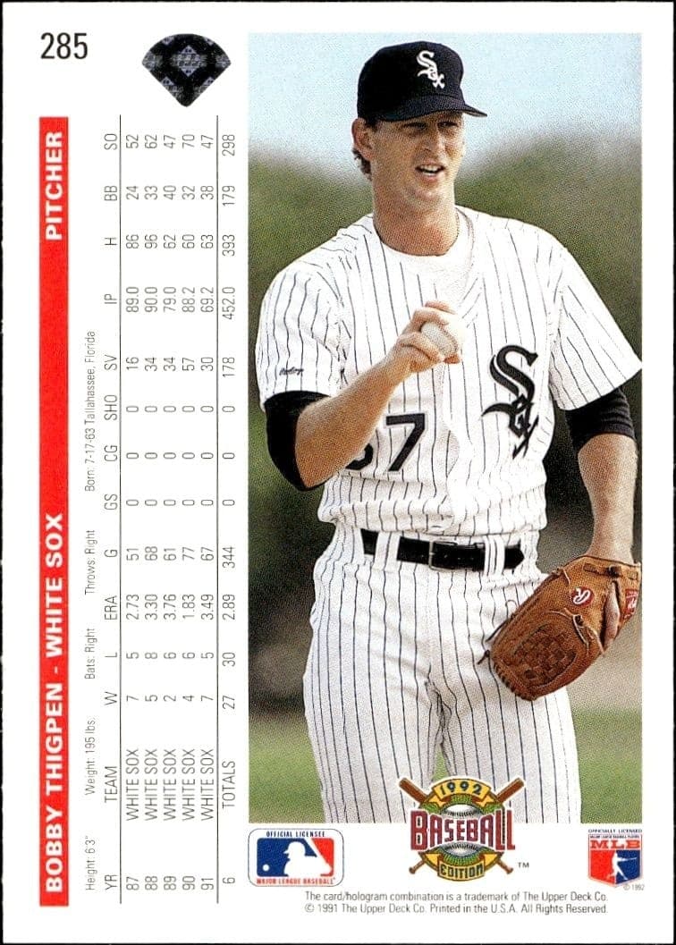 1992 Upper Deck Bobby Thigpen #285 baseball trading card back