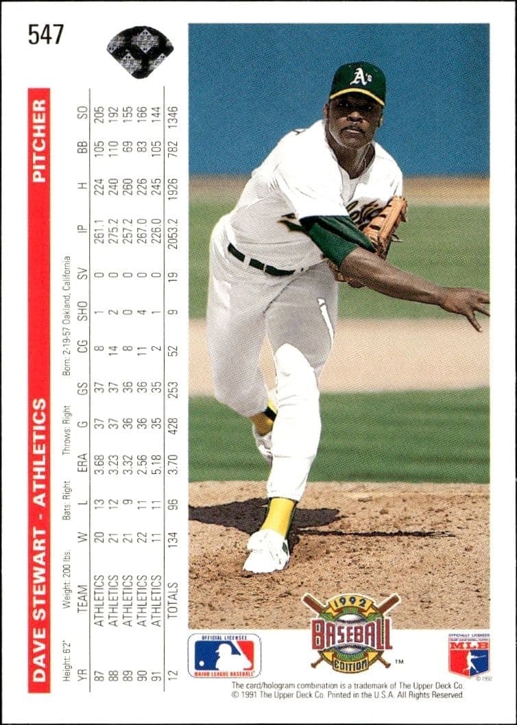 1992 Upper Deck Dave Stewart #547 baseball trading card back