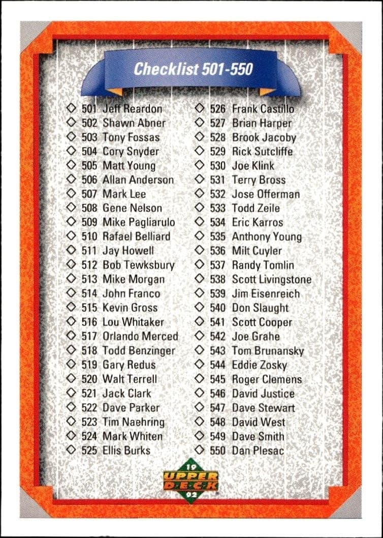 1992 Upper Deck Checklist #600 baseball trading card back