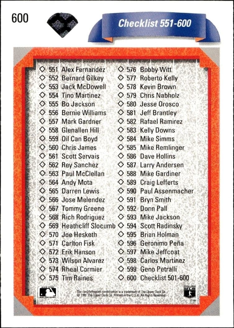 1992 Upper Deck Checklist #600 baseball trading card front