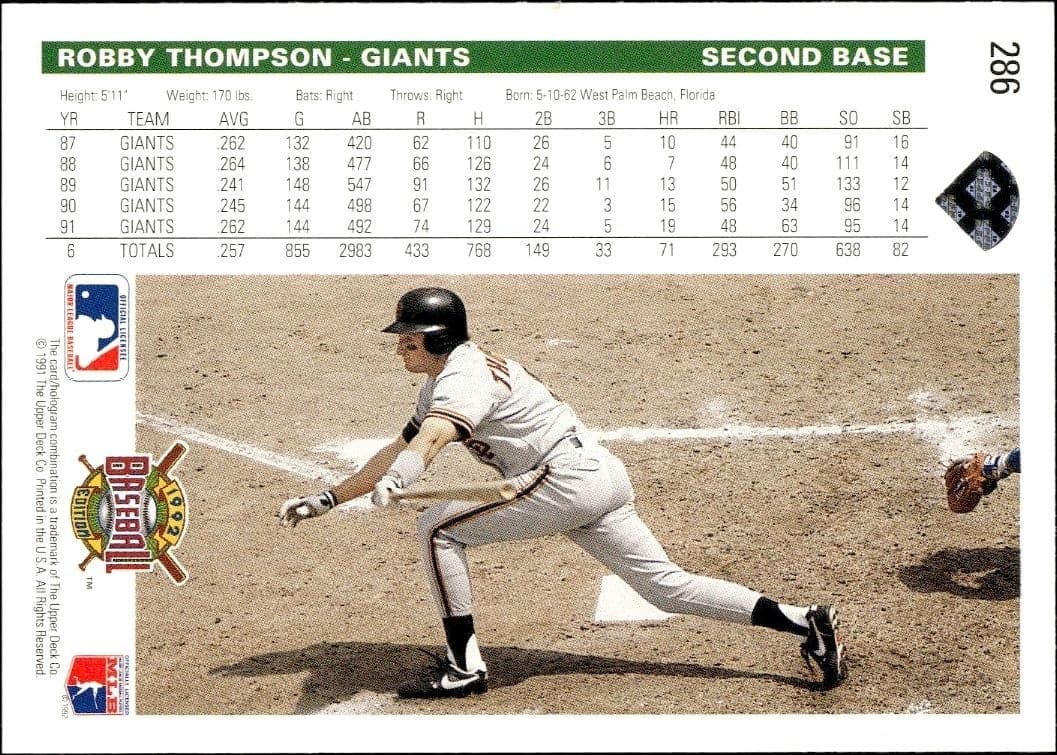 1992 Upper Deck Robby Thompson #286 baseball trading card back