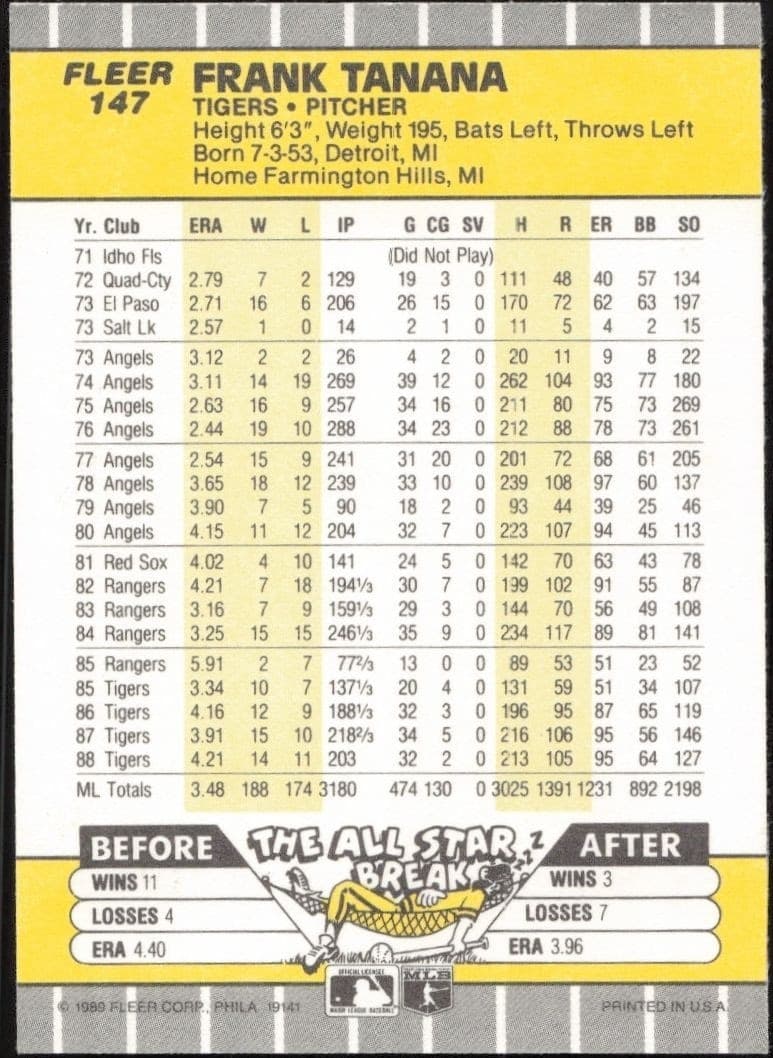 1989 Fleer Frank Tanana #147 baseball trading card back