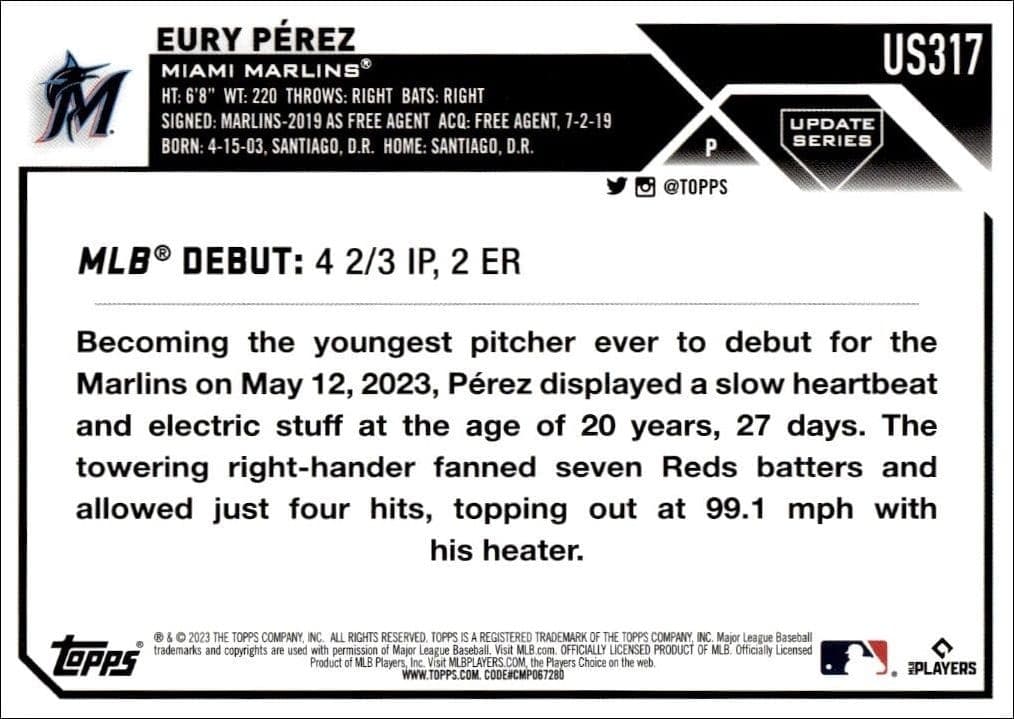 2023 Topps Update Eury Perez #US317 baseball trading card back