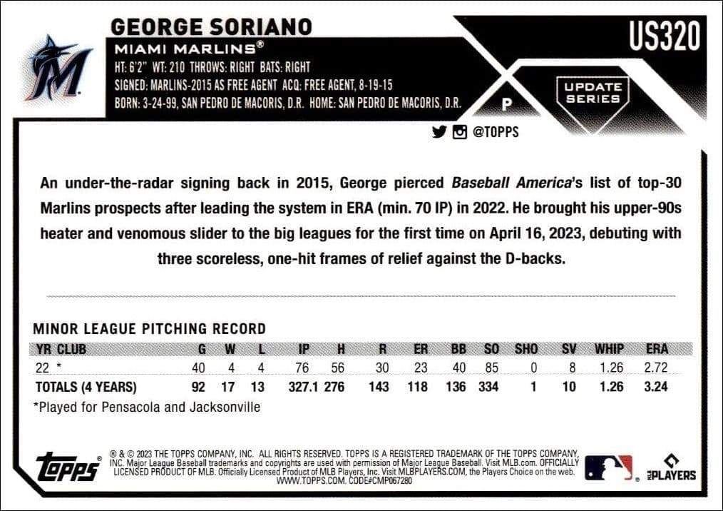 2023 Topps Update George Soriano #US320 baseball trading card back