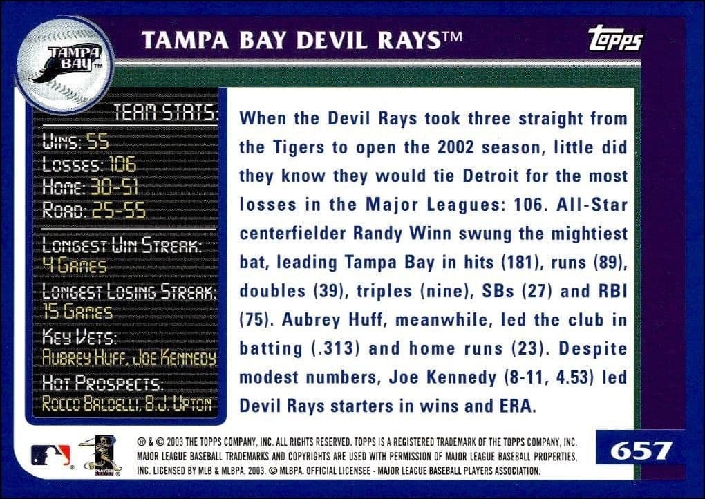 2003 Topps Tampa Bay Devil Rays #657 baseball trading card back