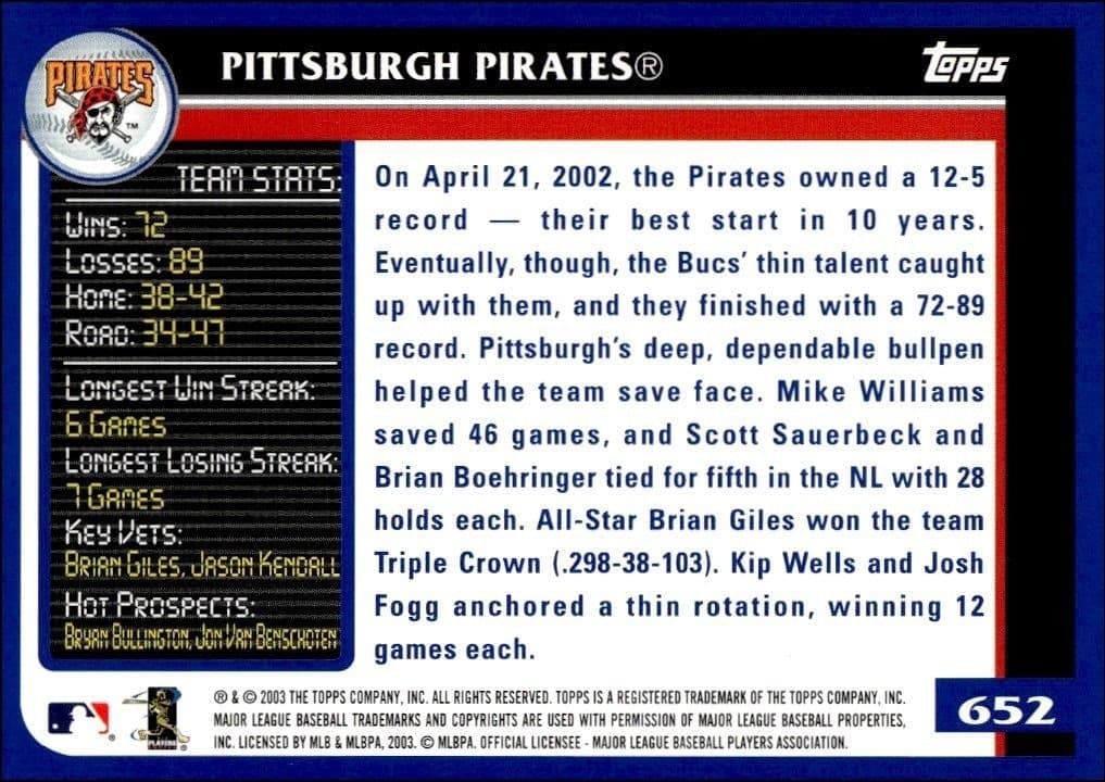 2003 Topps Pittsburgh Pirates #652 baseball trading card back