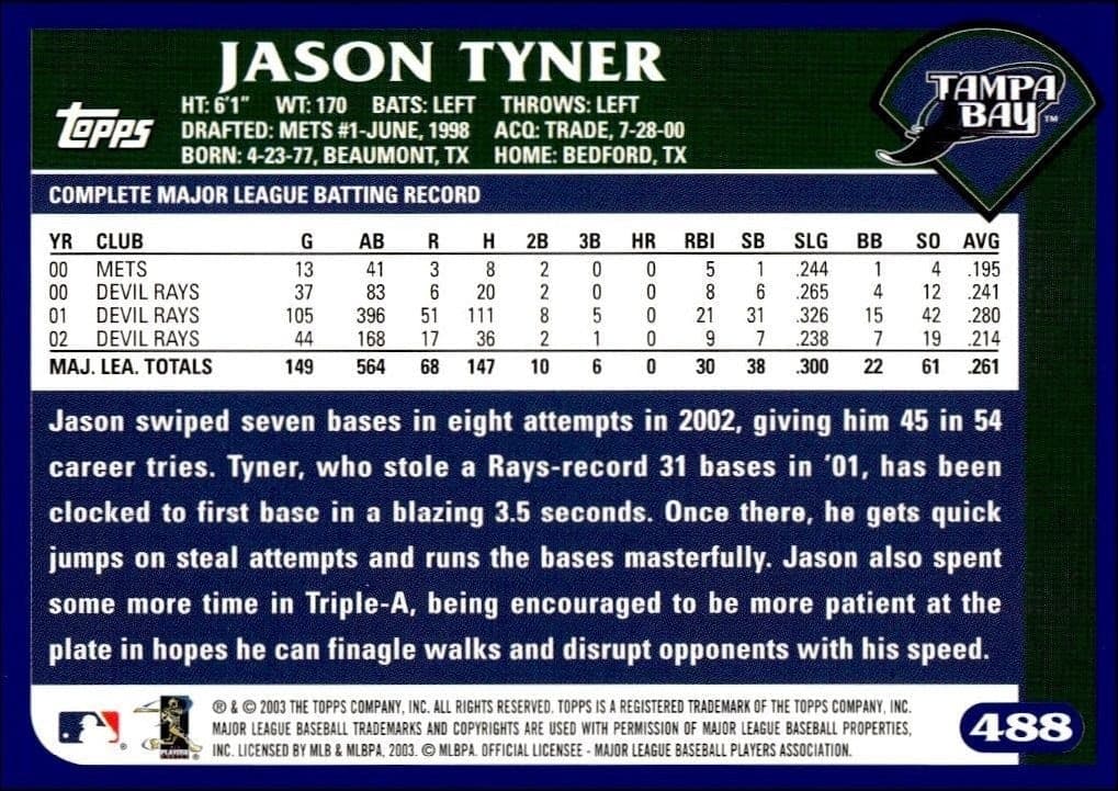 2003 Topps Jason Tyner #488 baseball trading card back