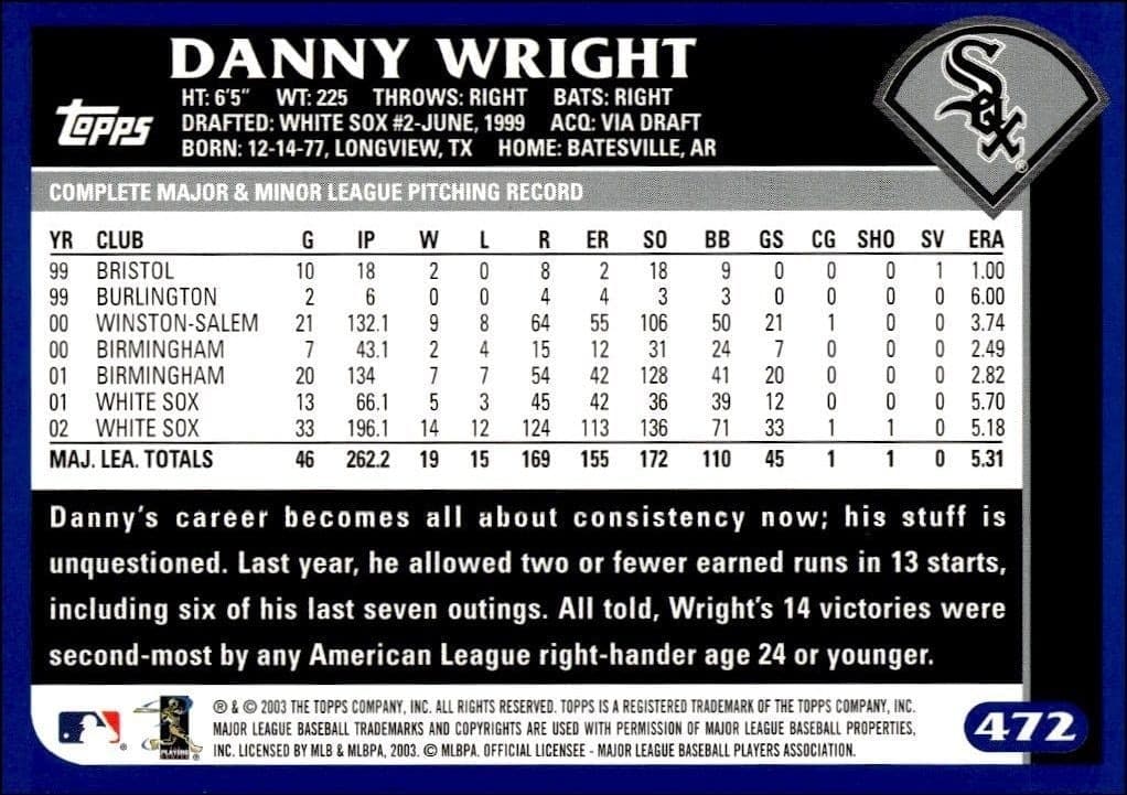 2003 Topps Danny Wright #472 baseball trading card back
