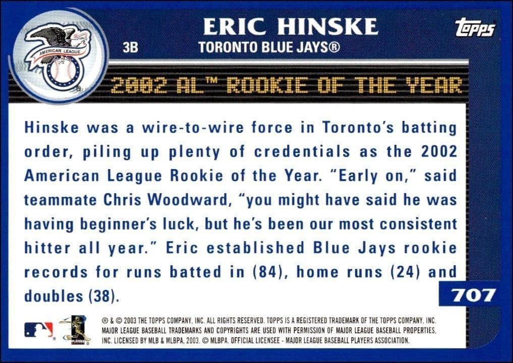 2003 Topps Eric Hinske #707 baseball trading card back