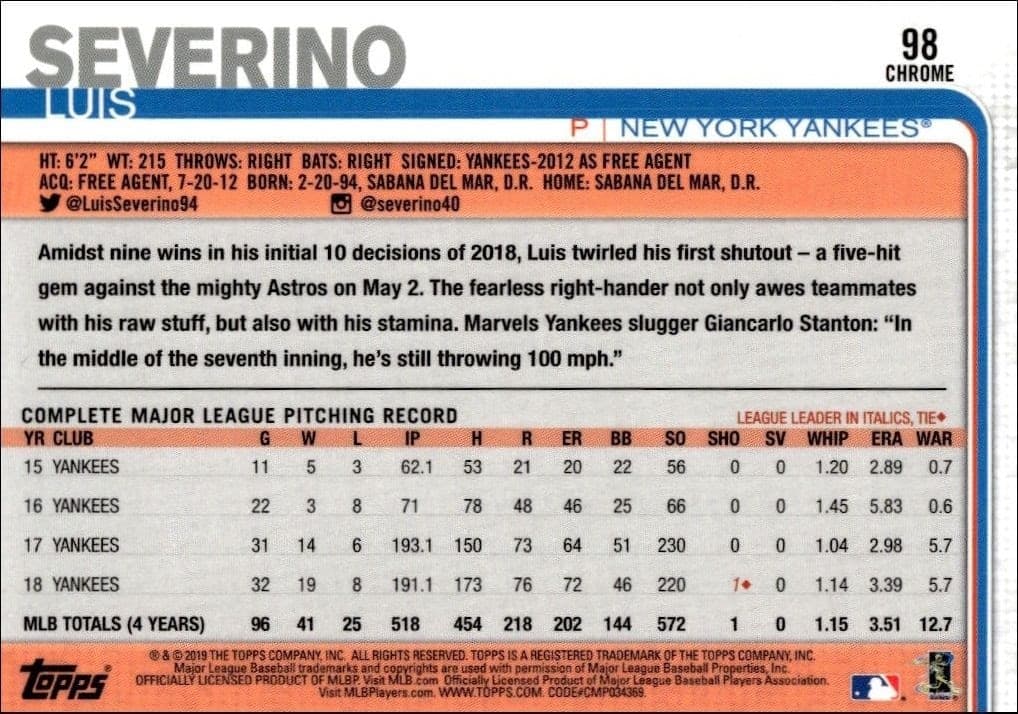 2019 Topps Chrome Luis Severino #98 baseball trading card back
