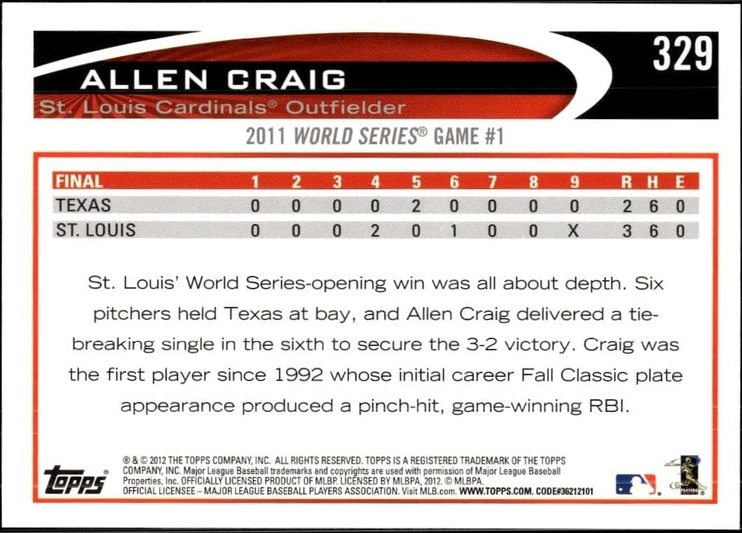 2012 Topps Allen Craig #329 baseball trading card back